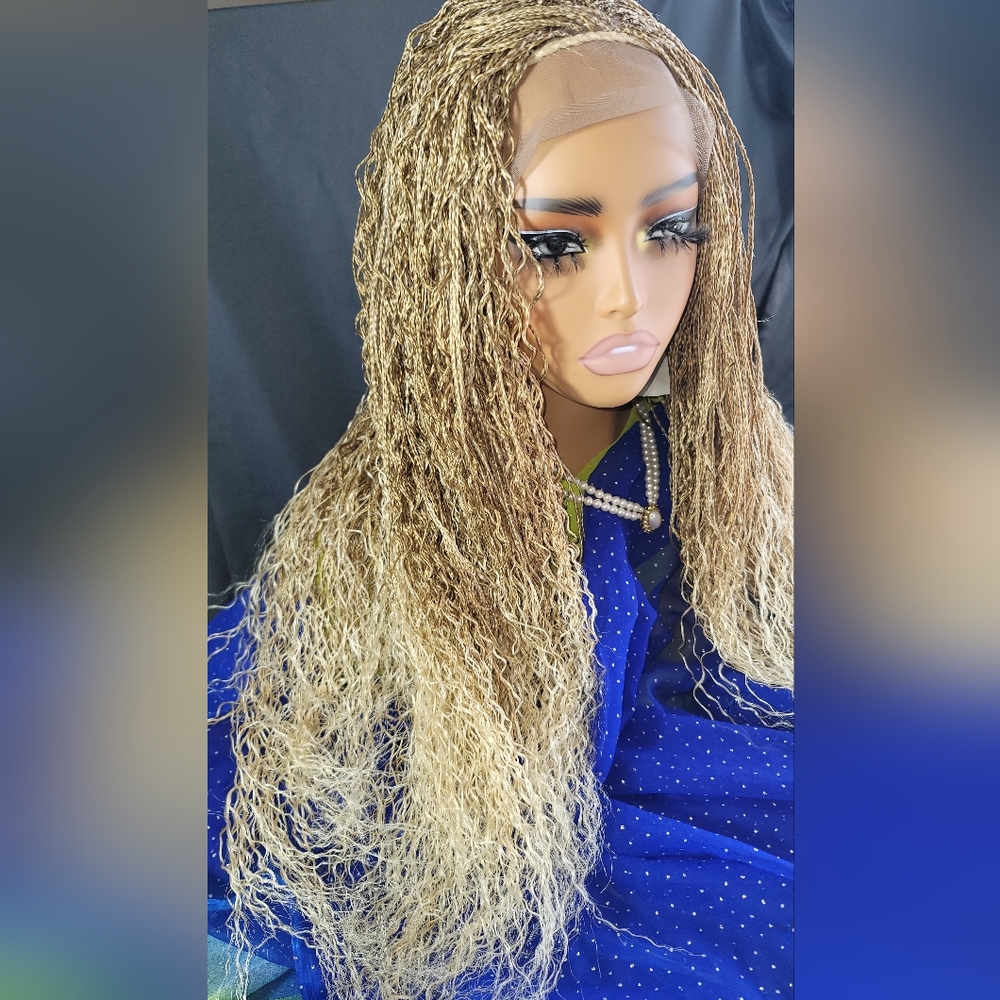 Micro Braided Wig boho | Blonde 613/27 Ombre | Long 22" | Curly Ends Full Lace โจ - Picture 13 of 15